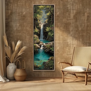 Vertical Waterfall Canvas Print, Lush Tropical Rainforest Wall Art