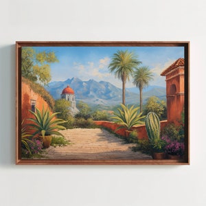 Mexican Long Canvas Print, Mexico Wall Art, Mexican Village Wall Decor, MExican Painting, Over the Mantel Decor, Over The Bed Wall Art Gift