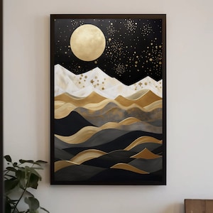 Black Gold Mountains and Moon Print, Starry Sky Black Gold Abstract Canvas Wall Art, Bedroom Decor, Christmas Gift