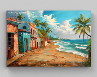 May include: A vibrant painting depicts a coastal scene with colorful buildings, palm trees, and a sandy beach. The buildings feature hues of pink, blue, and orange, with arched windows and balconies. The ocean is a deep blue, and the sky is filled with fluffy white clouds.