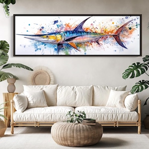 Panoramic Blue Marlin Watercolor Painting - Vibrant Ocean Fish Art - Extra Large Horizontal Nautical Canvas - Sport Fishing Wall Decor