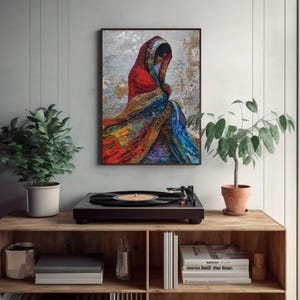 a painting of a woman sitting on a table next to a record player