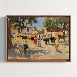 Indian Village Scene Painting Cattle and Village People Indian Cultural Wall Art Framed Large Canvas Print Ready To Hang