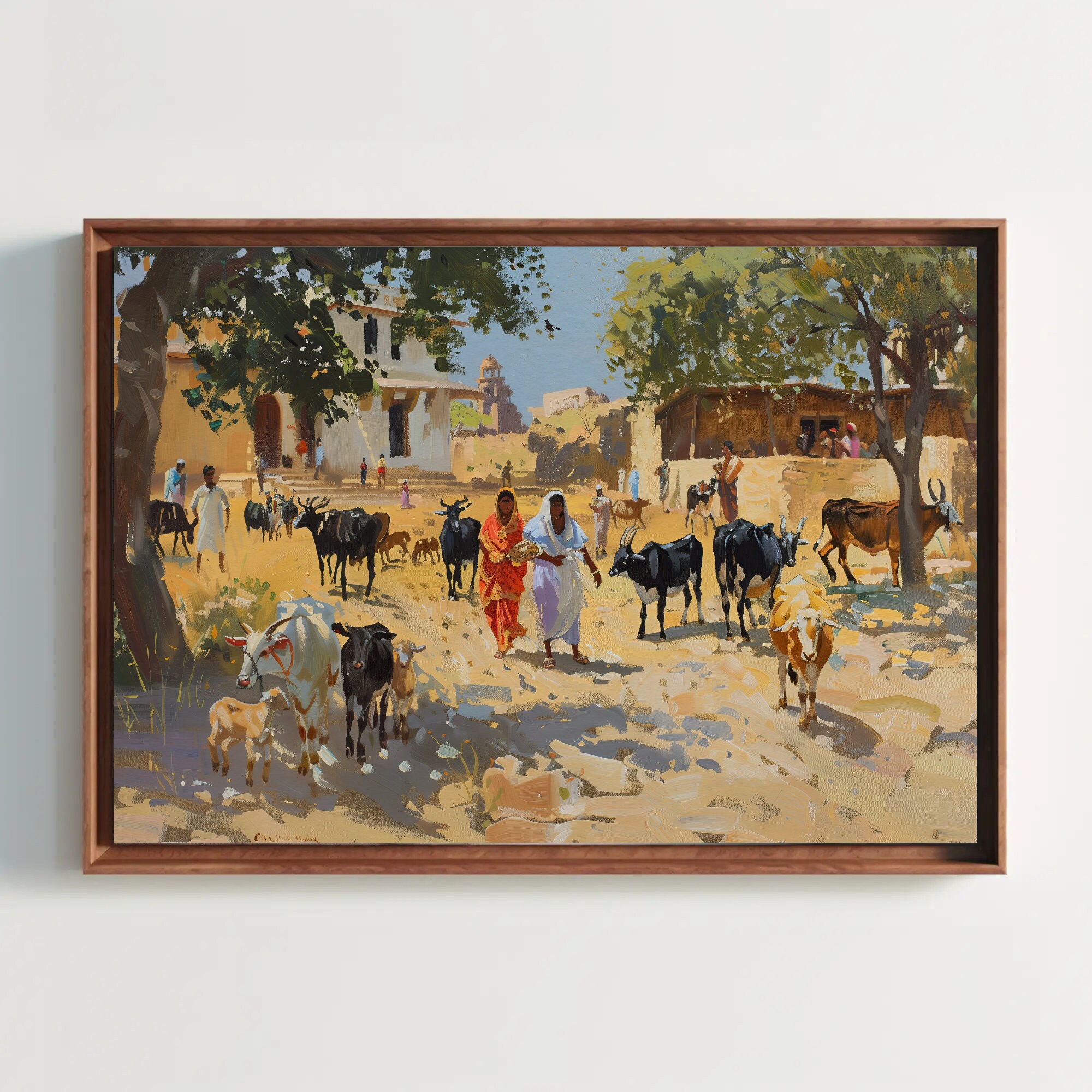Indian Village Scene Painting Cattle and Village People Indian Cultural Wall Art Framed Large Canvas Print Ready To Hang
