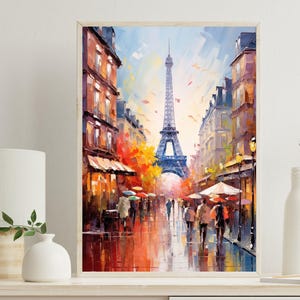 May include: A vertical wall art print depicting a vibrant impressionist street scene in Paris. The Eiffel Tower stands in the distance, framed by multi-story buildings, colorful autumn trees, and pedestrians walking with umbrellas on a wet street.