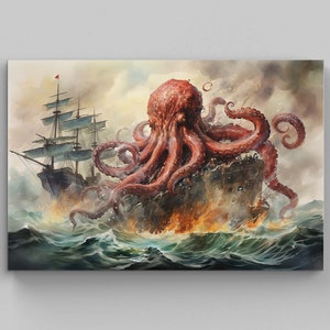 Kraken Destroying a Ship Watercolor Art Kraken Framed Poster - Etsy