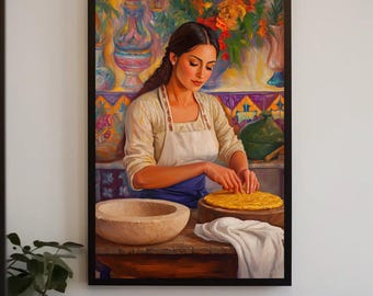 Mexican Kitchen Woman Cooking Canvas Art, Rustic Colorful Kitchen Decor