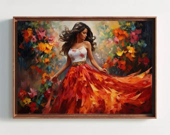 Mexicaanse vrouw volksdans schilderij, kleurrijke bloemsierkunst, klaar om op te hangen
