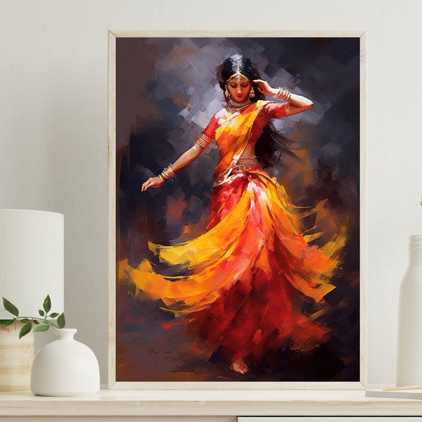 Décoration d'intérieur indienne colorée, art mural indien, belle peinture de danse folklorique de femme indienne, grande impression sur toile de danse folklorique de femme indienne