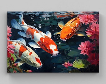 May include: A painting of three koi fish swimming in dark water among pink water lilies and green lily pads. Two fish are white with orange patches, and one is solid orange. Small air bubbles rise toward the surface of the water.