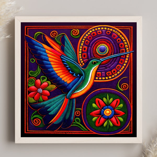 Impresión de colibrí de arte huichol, arte de la pared mexicana, decoración mexicana, pintura mexicana, arte digital mexicano, impresión mexicana, arte mexicano