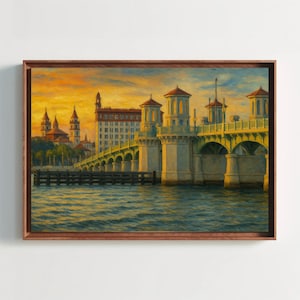 St. Augustine Bridge of Lions canvas painting wall art print Florida coastal sunset decor for living room office or entryway artwork