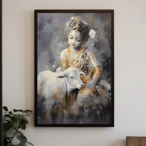 Little Krishna With Cow Painting | Krishna art | Radha krishna art | Hindu God Wall Decor | Indian Canvas Print