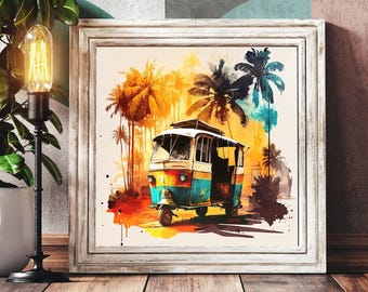 May include: A square framed wall art print featuring a watercolor-style illustration of a three-wheeled auto rickshaw in shades of blue, yellow, and orange. The vehicle is set against a backdrop of palm trees with a warm, sunset-inspired color palette.
