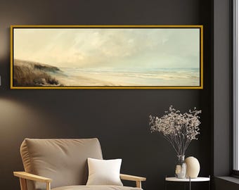 Beige Beach Canvas Print – Long Horizontal Seascape, Coastal Wall Art