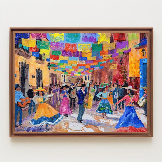 Mexican Street Fiesta Canvas Painting, Cultural Wall Art, Framed Print