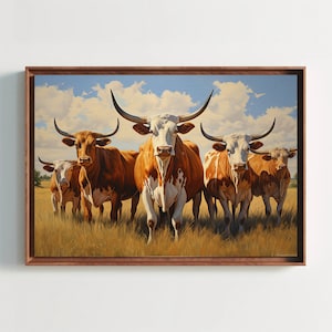 Herd of Longhorns Cow Painting Extra-Large Canvas, Farmhouse Decor, Ranch Wall Art, Texas Longhorn Print, Ready To Hang