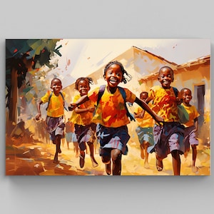School Children in a African Town Scenery Painting - Black Art - African Art - African Home Decor - African Wall Art - African Gift