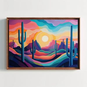 Desert Landscape with Saguaros Canvas Print | Southwestern Wall Art | Cactus Scene Painting | Rustic Desert Decor | Ready to Hang