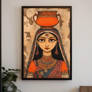 Traditional Indian Woman with Clay Pot Canvas Print, Indian Folk Art Style Painting, Vibrant Wall Art for Living Room or Bedroom Decor