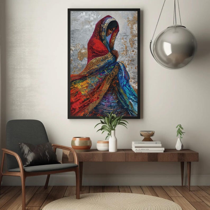 a painting of a woman in a colorful dress on a wall