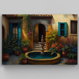Mexican Garden Painting | Mexican Courtyard Art | Wall Art Decor | Colorful Art Print | Mexican Art | Mexican Decor, Home Decor, Latino Art