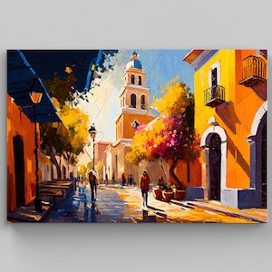 Mexican Town Landscape Painting, Vibrant Artwork for Home Decor, Colorful Wall Art for Living Room, Ethnic Art Prints, Mexican Art