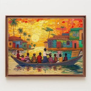 Ghana People on Boat Canvas Art, African Home Decor, Framed/Unframed image 3