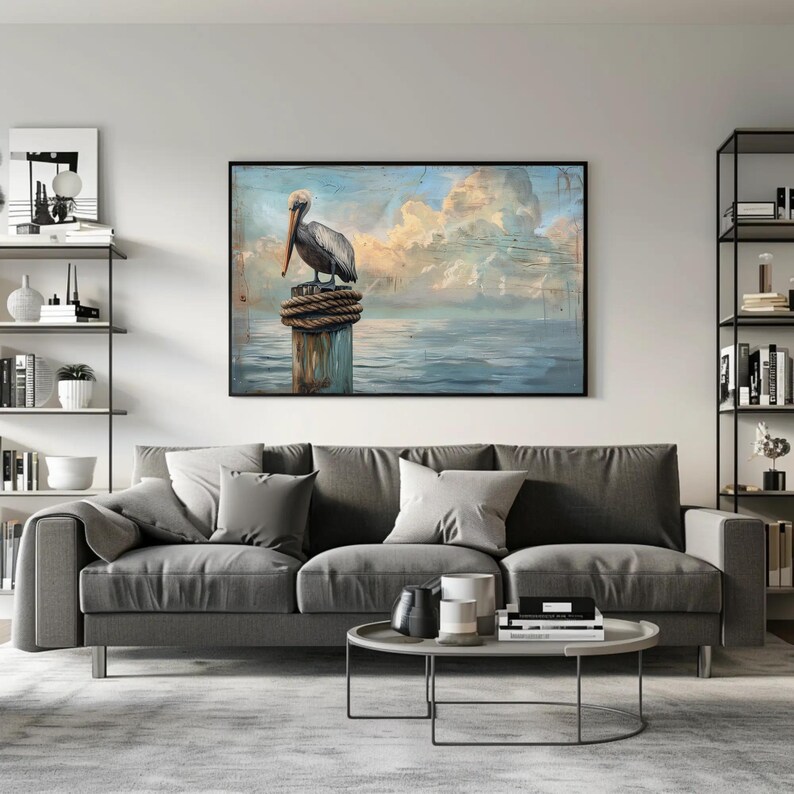 a living room with a couch and a painting on the wall