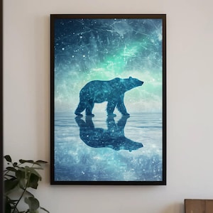 Northern Lights Over Icy Fjords Canvas Print, Abstract Polar Bear Silhouette, Arctic Wildlife Wall Art for Living Room or Office