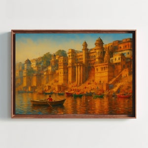 Varanasi Ghats River Ganga  Wall Art Painting Indian Spiritual Scene with Boats Temples and Ancient Architecture Reflections Canvas Print