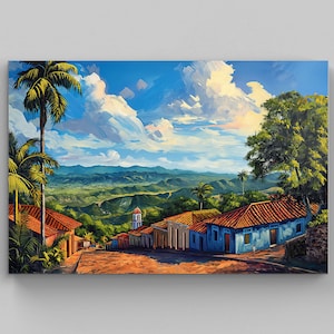 Puerto Rico Wall Art, Mountain Farms Landscape, Large Framed Canvas Print, Puerto Rican Oil Painting, Puerto Rico Travel Gift, Ready to Hang