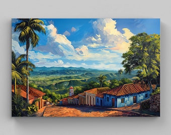 Puerto Rico Wall Art, Mountain Farms Landscape, Large Framed Canvas Print, Puerto Rican Oil Painting, Puerto Rico Travel Gift, Ready to Hang