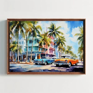 Miami Street Watercolour Painting, Framed Wall Decor, Miami Canvas Print, Florida Home Decor, Miami Travel Art, Modern Living Room Decor