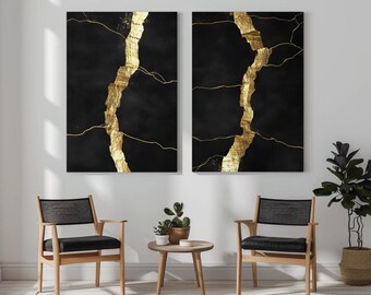 Kintsugi Canvas Print Set | Black & Gold Abstract Diptych