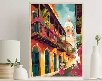 Cartagena Art Deco Canvas Print – Colorful Colombia Wall Decor