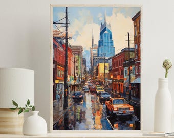 May include: A vertical art print depicting a city street scene with a tall blue skyscraper in the background. The street is filled with cars, including an orange pickup truck in the foreground, and the wet pavement reflects the surrounding buildings.