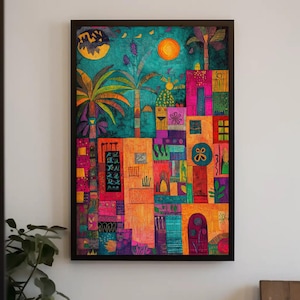 Mexican Town Folk Art Style Canvas Print, Vibrant Mexico Painting, Cultural Wall Art for Living Room or Kitchen Decor