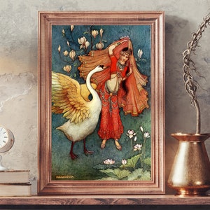 Damayanti and the Swan - Warwick Goble Print Painting | 1910 Indian Art | Indian Painting | Indian Wall Art | High Quality Art