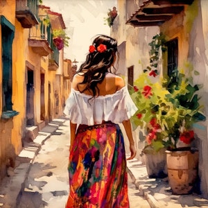Mexican Woman Watercolor Painting Large Canvas Mexican Art Poster Wall Art Decor Colorful Art Print Mexican Art, Mexican Home Decor