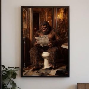 Bigfoot on Luxury Toilet Reading Newspaper Canvas Print, Funny Bathroom Art, Humorous Bigfoot Wall Decor, Quirky Restroom Decor