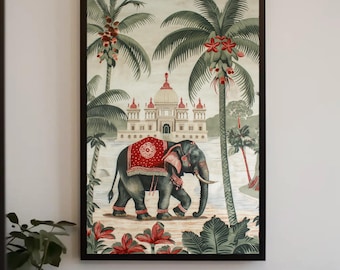 Framed Indian Elephant Canvas Art | Vintage Style Landscape Painting