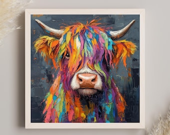 Colorful Highland Cow Canvas Print, Modern Farmhouse Wall Art