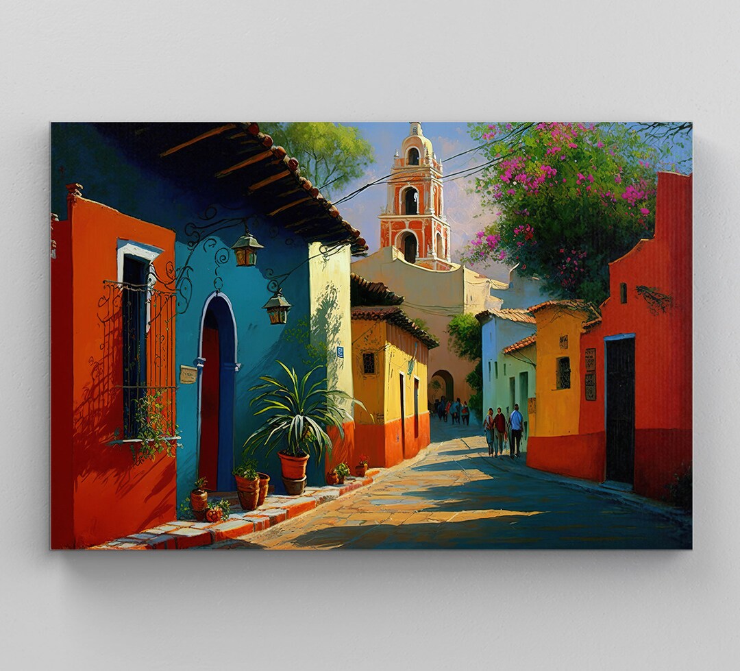 Mexican Village Artwork, Colorful Wall Art for Living Room, Ethnic Art