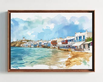 Mykonos Beach Watercolor Canvas Print, Greek Island Wall Art, Framed