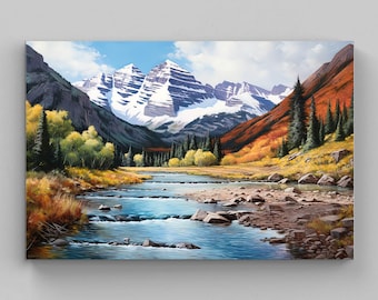 Maroon Bells Oil Painting, Colorado Mountain Canvas Art Print
