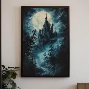 Gothic Castle Under Full Moon Canvas Print | Dark Fantasy Wall Art | Haunted Castle Landscape | Gothic Decor for Living Room | Ready to Hang