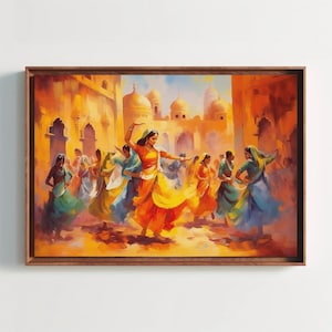 Colourful Rajasthani Folk Dance Painting - Indian Home Decor Large Canvas Print - Indian Women Dancing Print - Indian Restaurant Decor