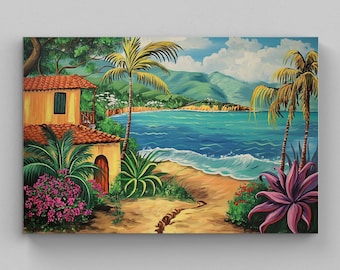 Puerto Rico Scenery Canvas Print, Tropical Beach Painting, Ready To Hang