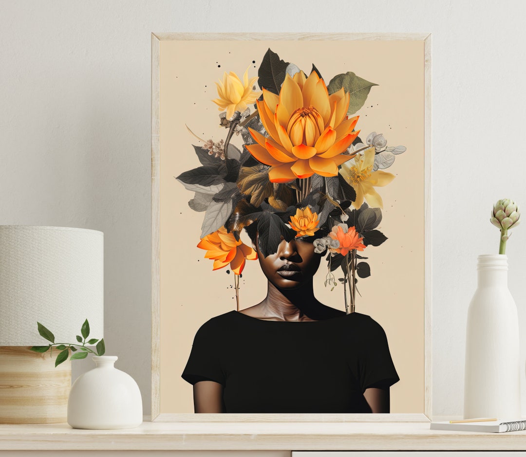 African Woman Flowerhead Art Print, African American Wall Art, Black ...